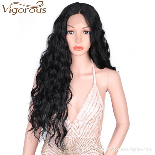 Vigorous Lace Front Wigs 26" Long Wavy Synthetic Wigs for Black Women 150% Density Deep Wave Middle Part Wigs(Natural Black)